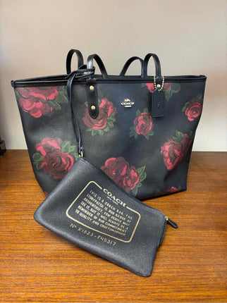 Coach Tote Bag- Signature Coated Canvas- Reversible Rose Pattern w/ pouch