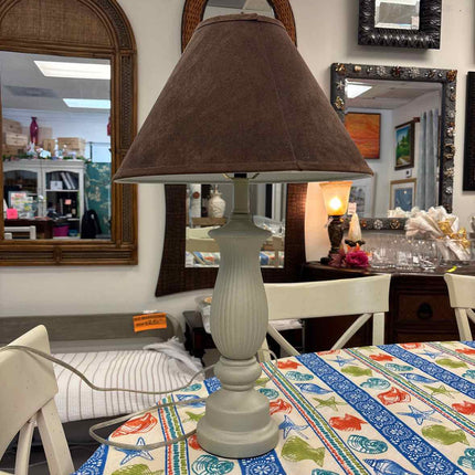 Off White Pedestal Lamp w/ Brown Suede Shade