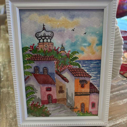 Water color church and city beach scene