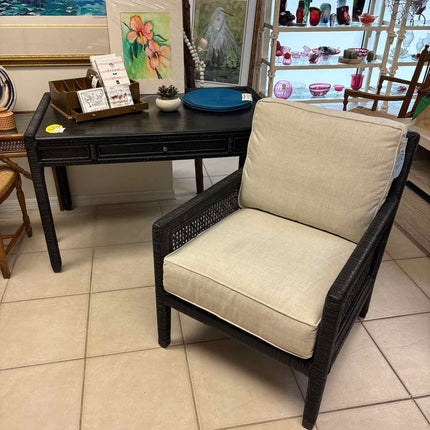 Black Rattan Chair w/ Beige Cushion
