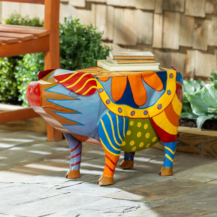 Colorful Folk Art Pig Side Table