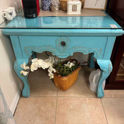 Aqua Painted Table with Glass Top