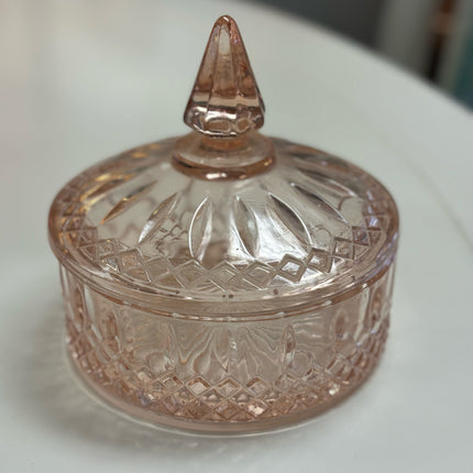 Pink depression glass candy dish