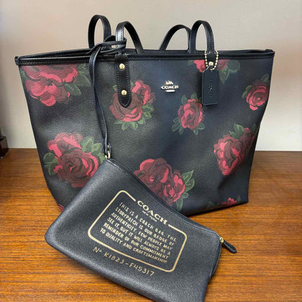 Coach Tote Bag- Signature Coated Canvas- Reversible Rose Pattern w/ pouch